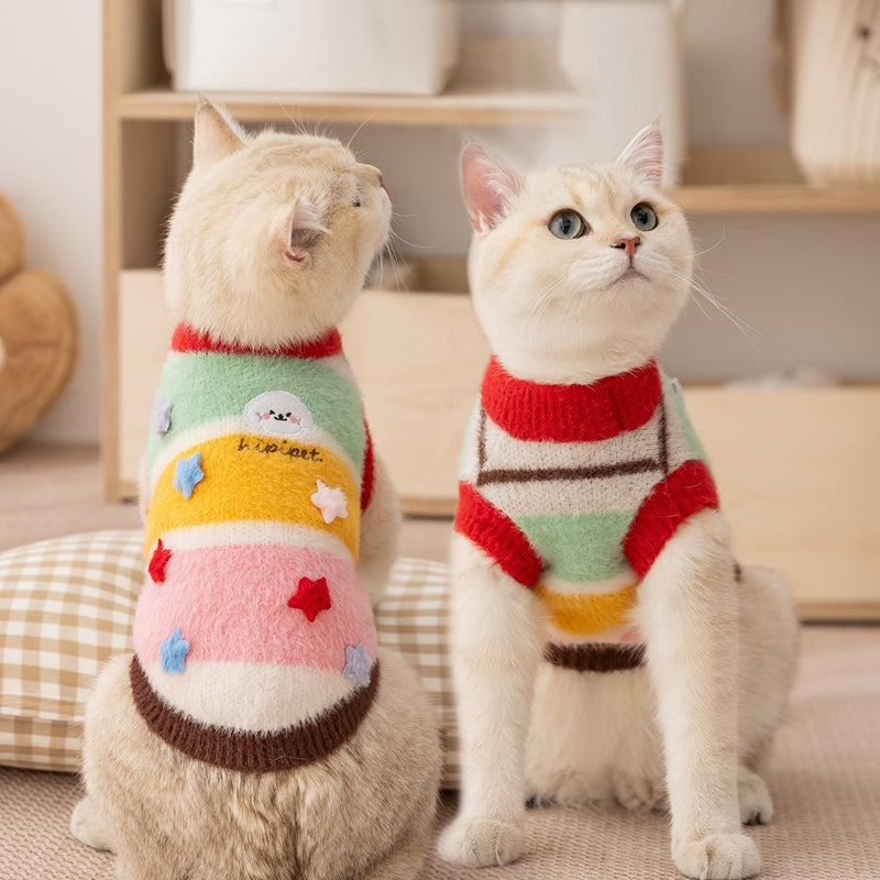 Pet sweater, multicolor striped knit with red collar and star applique