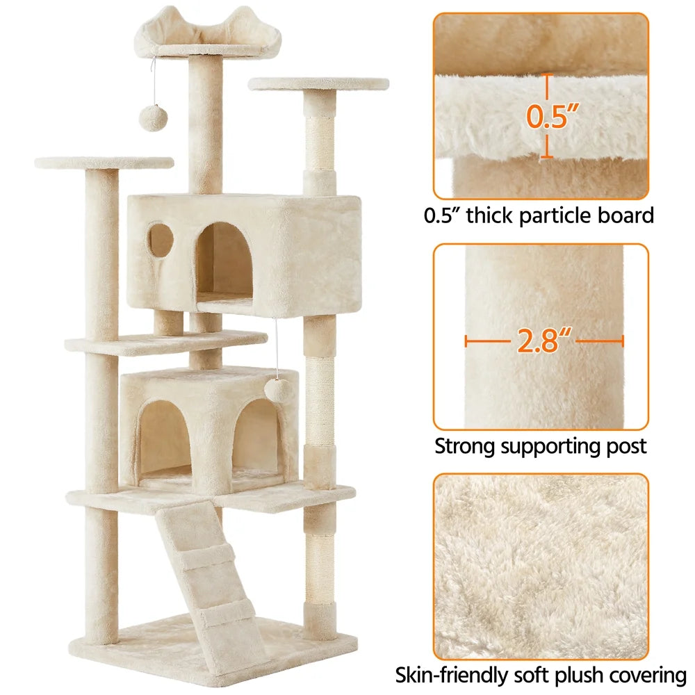 Beige cat tree plush covering with thick particle board and strong supporting posts
