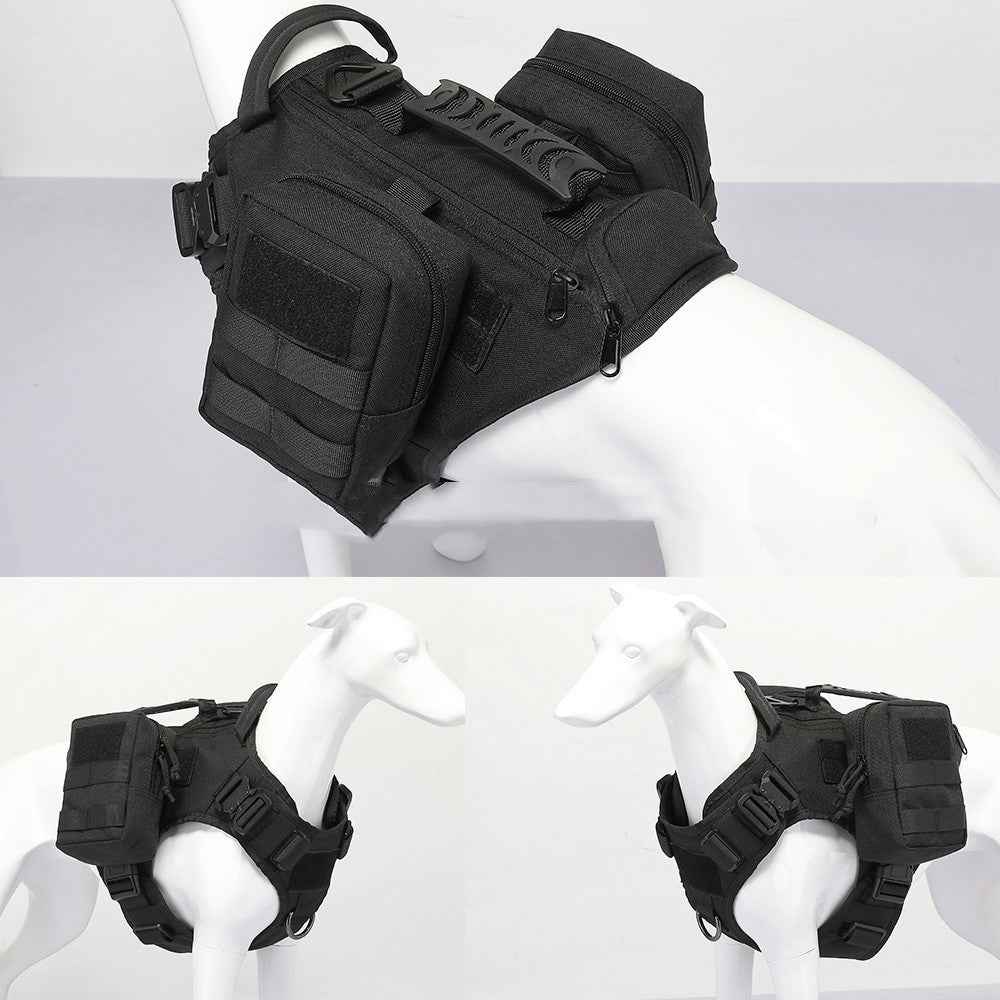 Black tactical dog harness with padded armor panels, pouches, and front straps