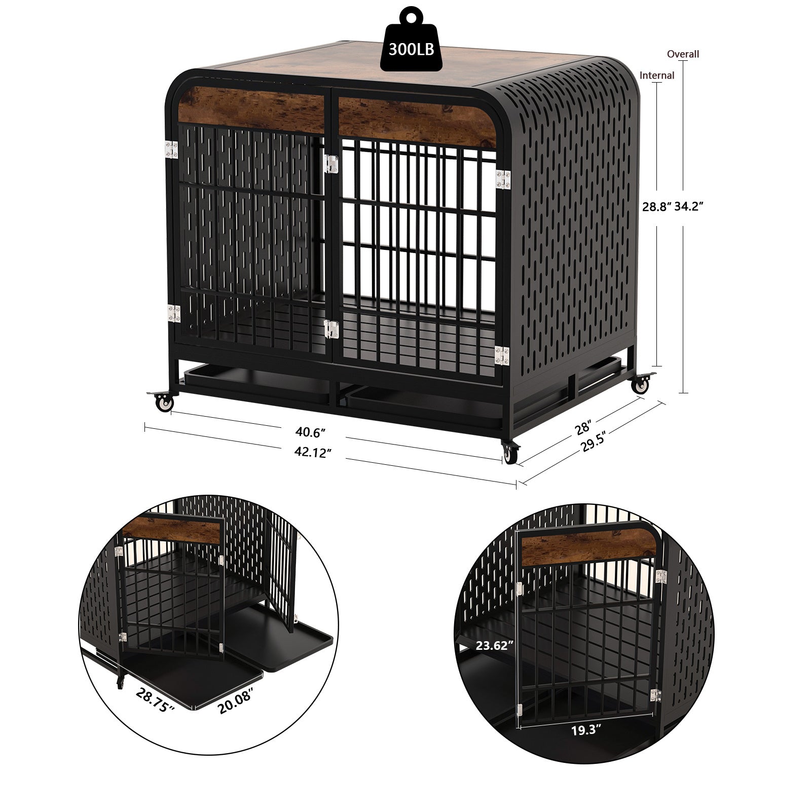 Dog crate furniture dimensions diagram, 300LB capacity label, black frame with wood top