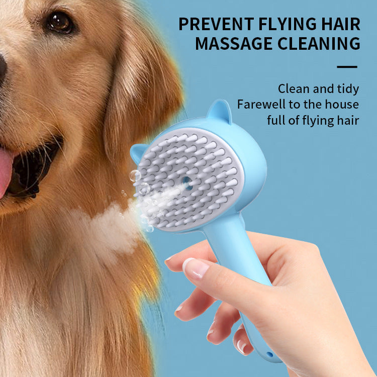 Pet mist self-cleaning slicker brush with white bristles, blue handle spraying fine mist