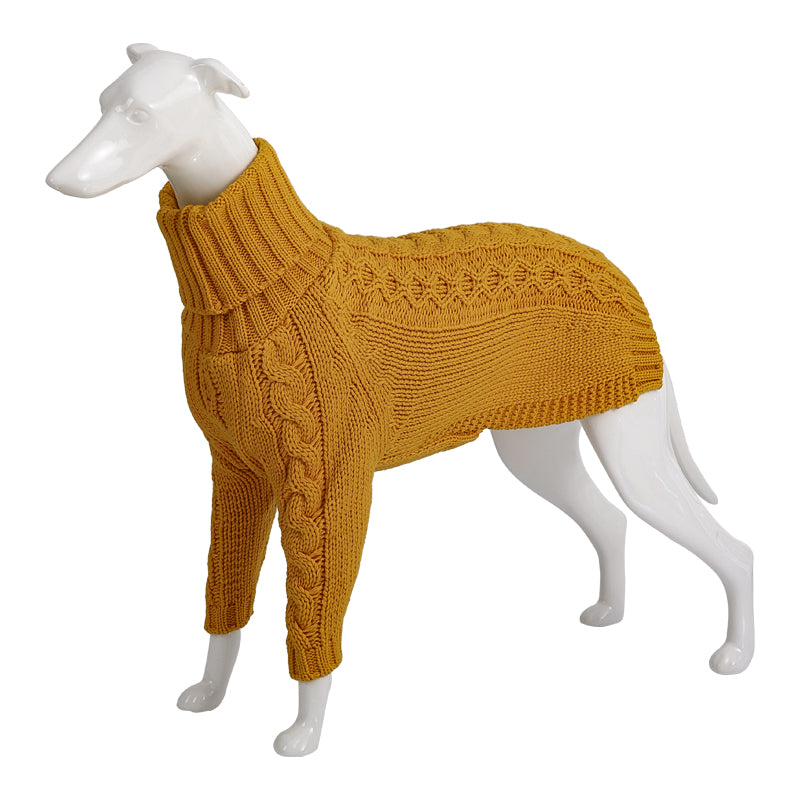 High-collar knit dog sweater in mustard yellow, textured cable pattern with long sleeves