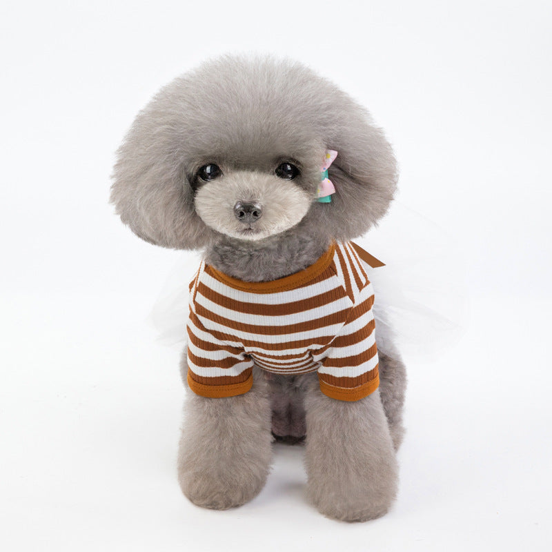 Coffee striped pet skirt with white tulle and a bow at the back