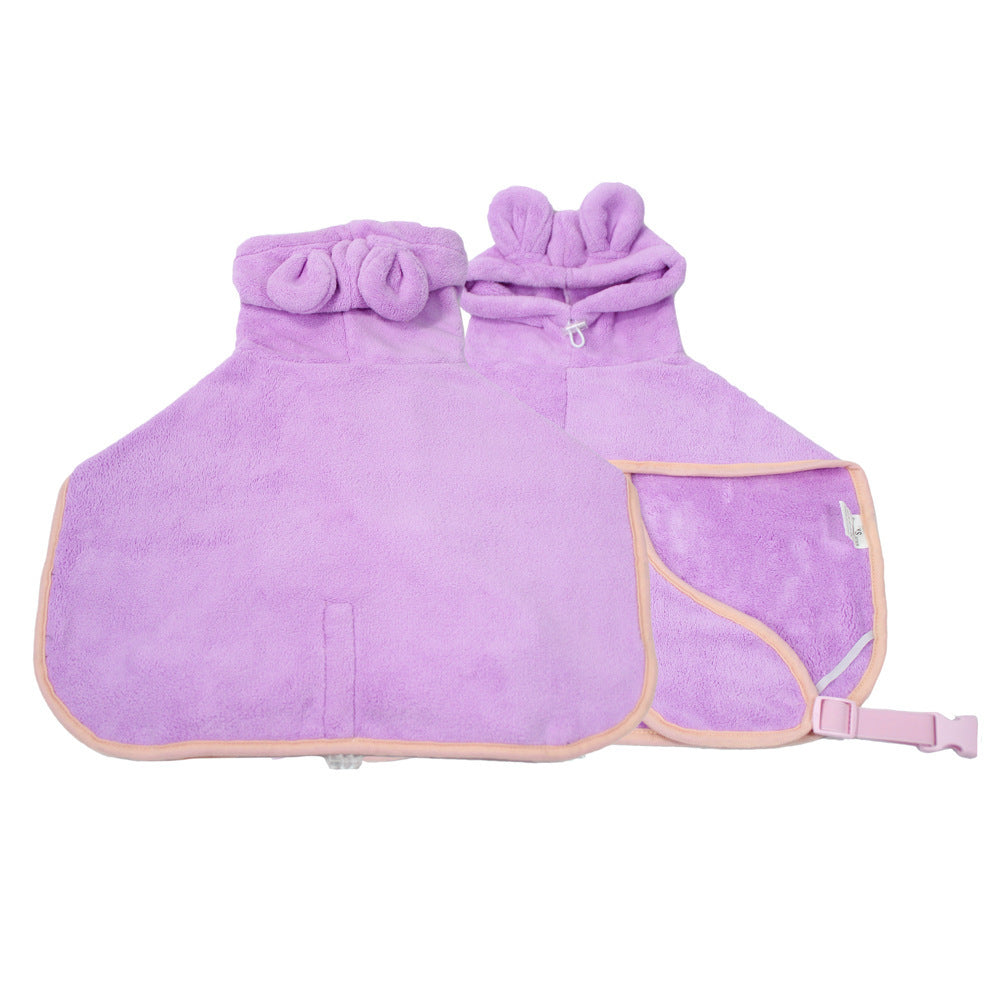 Lavender terry pet bathrobe with hood, front wrap panel, and pink trim strap