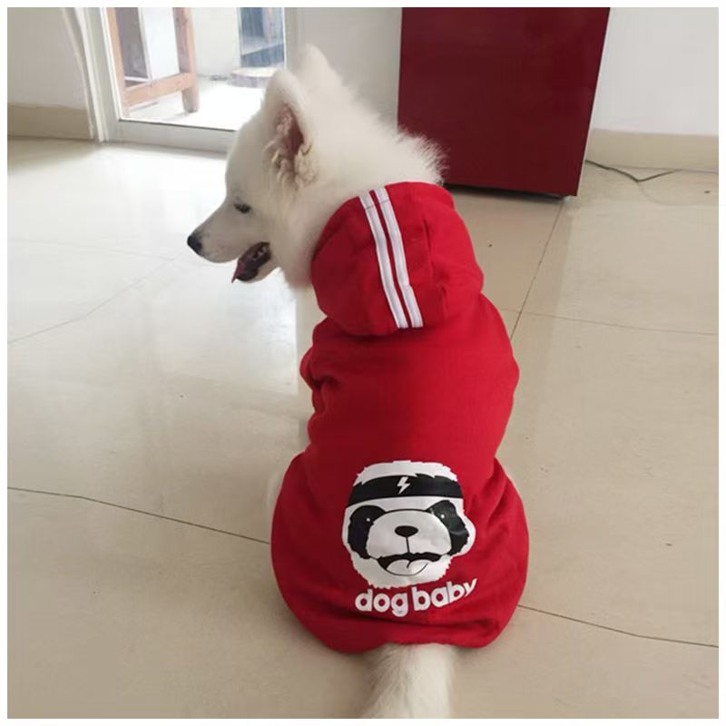Red dog sweatshirt with dogbaby panda graphic and white stripe hood