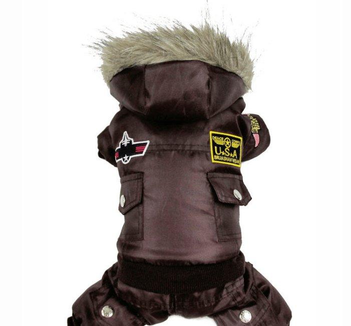 Dark brown hooded four-leg pet suit with faux-fur collar and star & U.S.A. patches