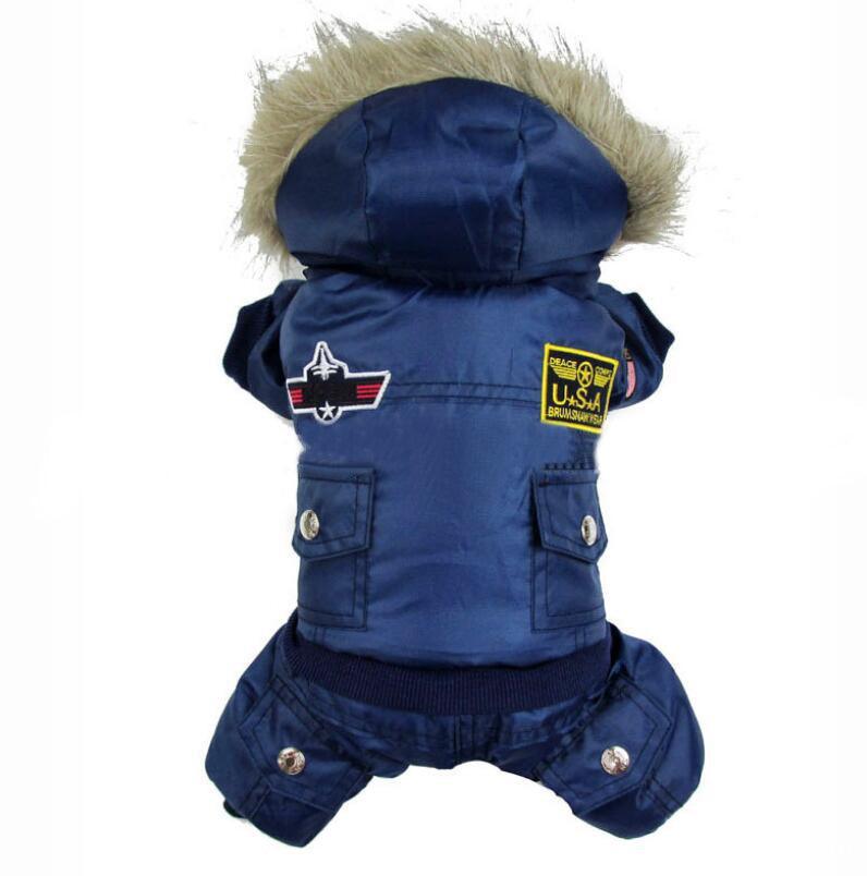Back view of blue hooded four-leg pet suit with faux-fur collar and pocket details