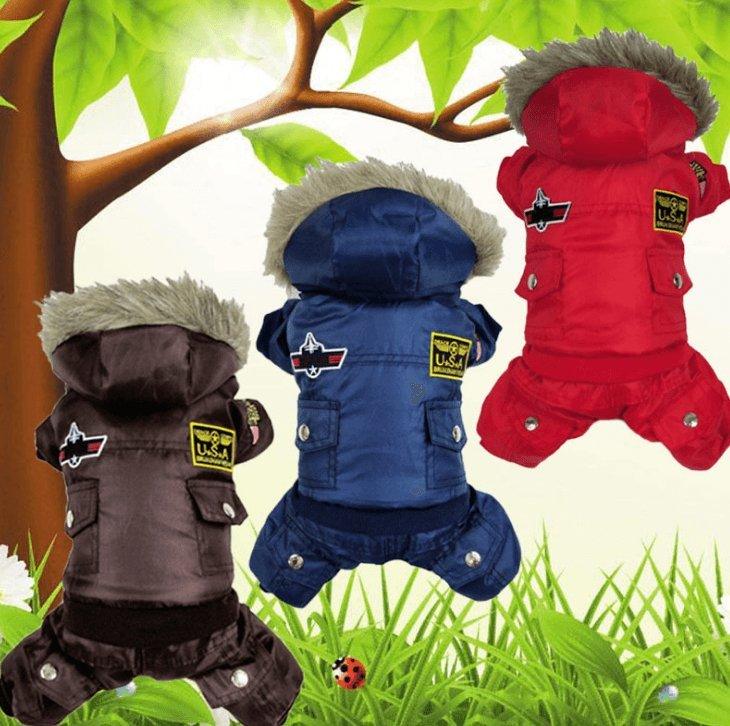 Hooded four-leg pet suits in brown, blue, red with faux-fur trim