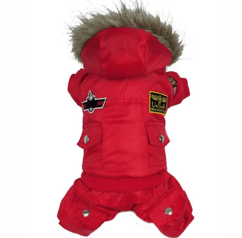 Red hooded four-leg pet suit with faux-fur collar, star emblem, and U.S.A. patch