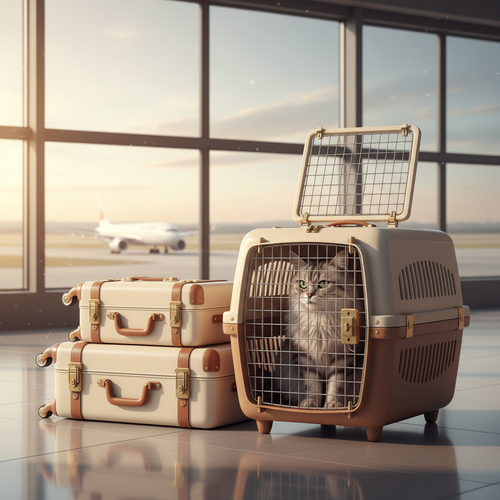 Hard-sided pet carrier with open front door, cream shell and tan trim