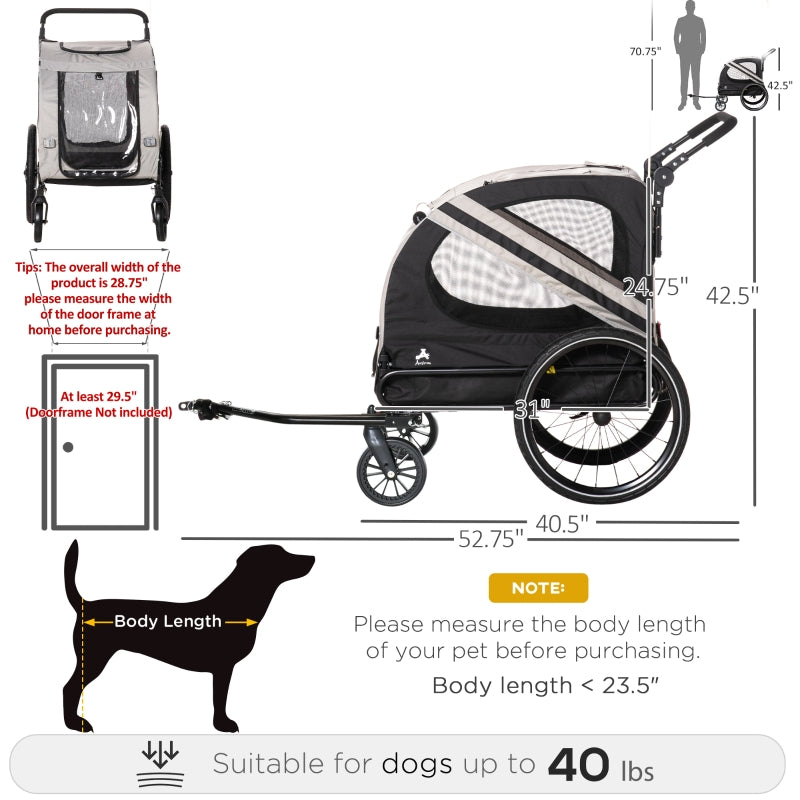 Grey and black 2-in-1 pet bike trailer stroller with clear front window and black frame