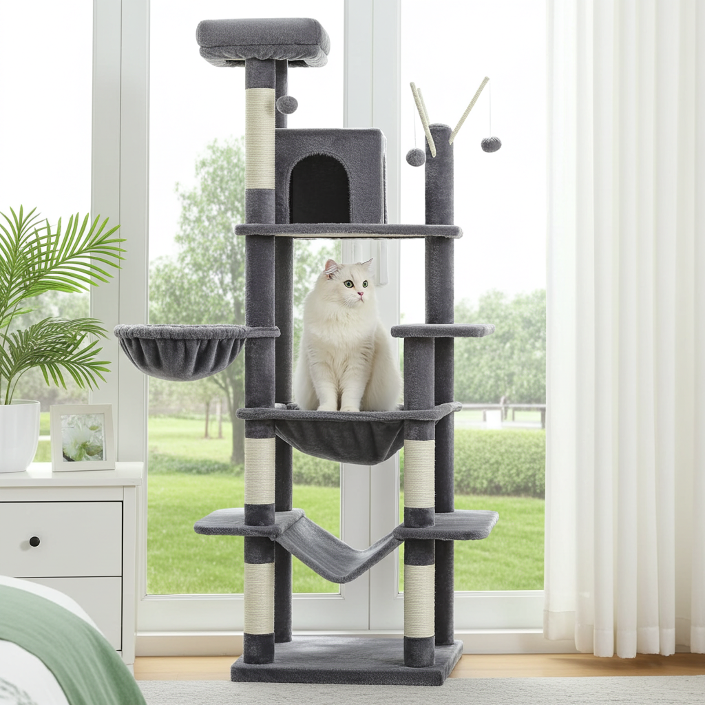 Dark gray plush cat tree tower with multiple condos and scratching posts