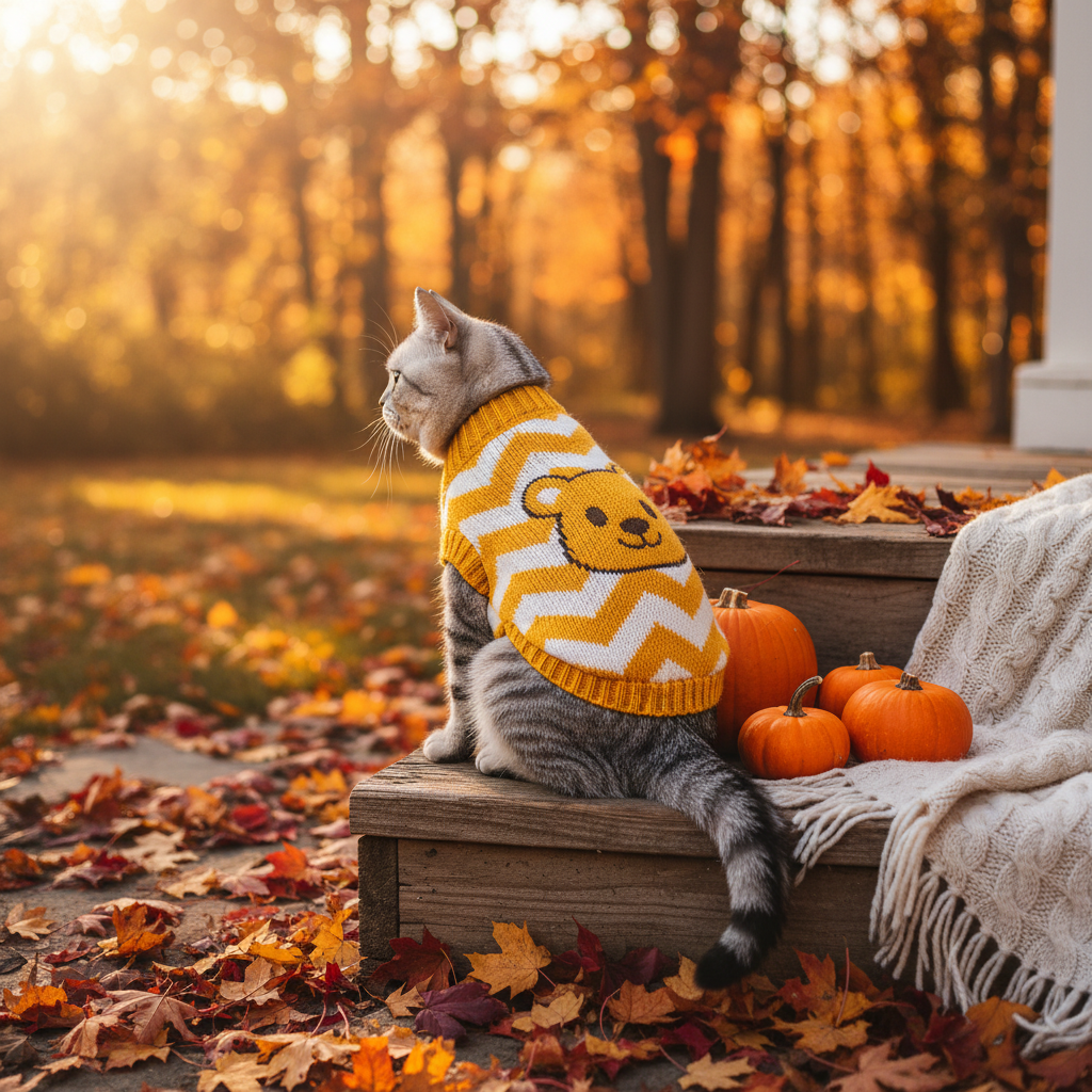 Yellow animal-face knit pet sweater with ribbed collar and striped pattern