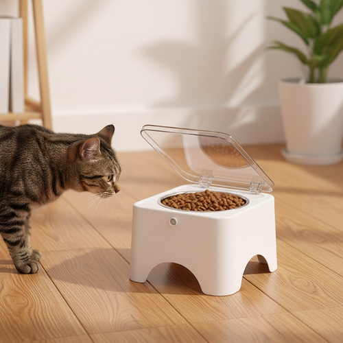 Automatic cat food feeder with clear lid and raised base for dry kibble
