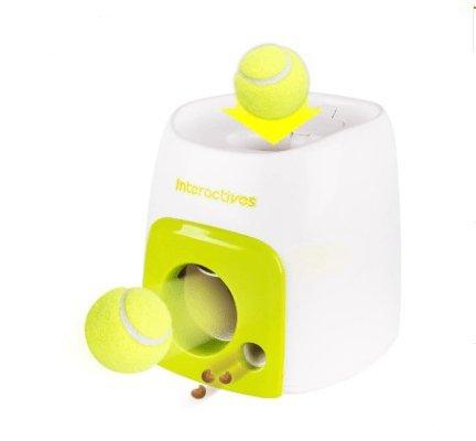 Automatic pet feeder with green play panel and yellow tennis ball on the white top