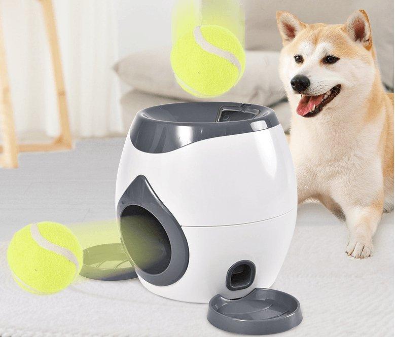 Automatic pet feeder with side chute, yellow tennis balls, and open bottom tray