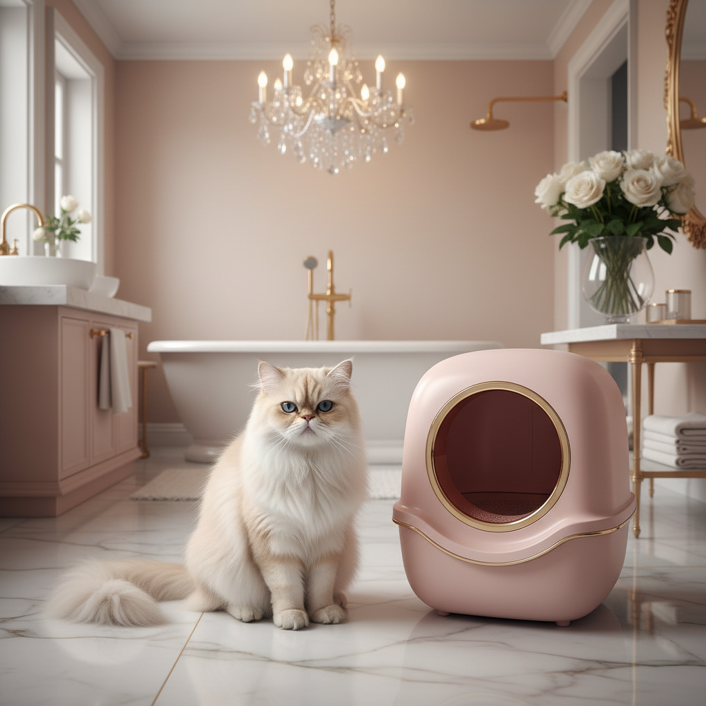 Pink enclosed automatic cat litter box with round front entry door