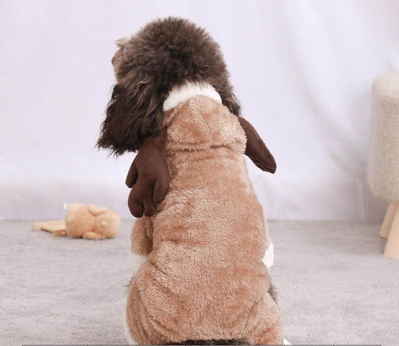 Brown bear-style dog costume with plush hood and bear-ear head