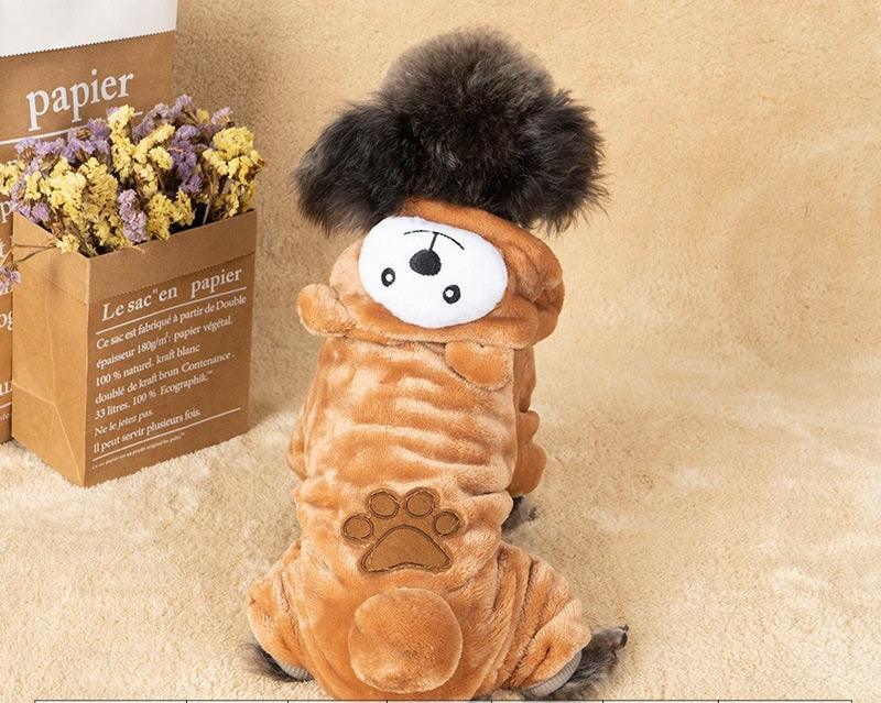 Tan brown bear-style dog costume with paw badge and round snout
