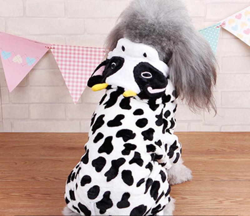 Black-and-white panda dog costume with hood and face print