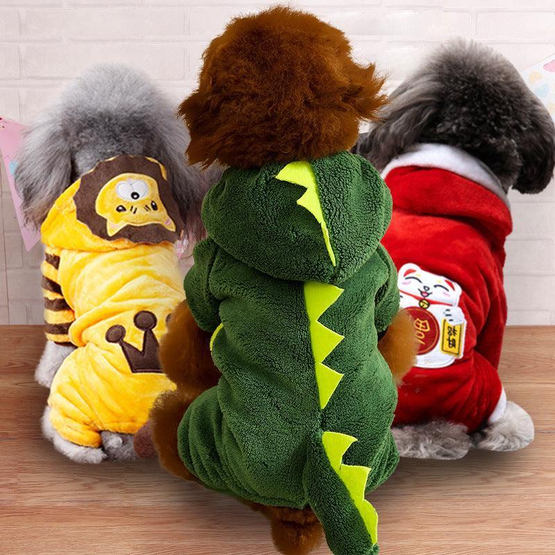 Green dinosaur dog costume with yellow spikes and patterned belly panel