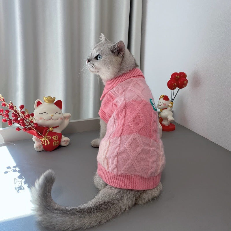 Pet plaid polo-collar cardigan sweater in pink with ribbed knit texture