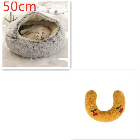 50cm round grey plush pet bed nest with yellow U-shaped bolster pillow