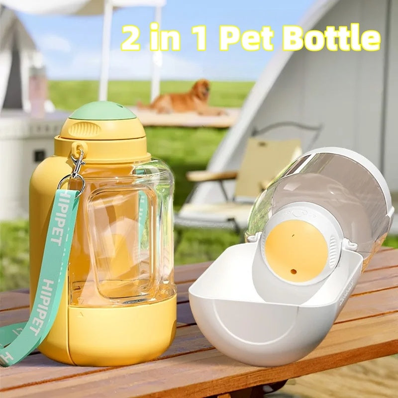 Yellow 2-in-1 pet water bottle dispenser with drinking spout and portable bowl