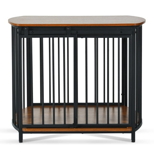 Wood-top dog crate with vertical bars and front latch, dark metal base.