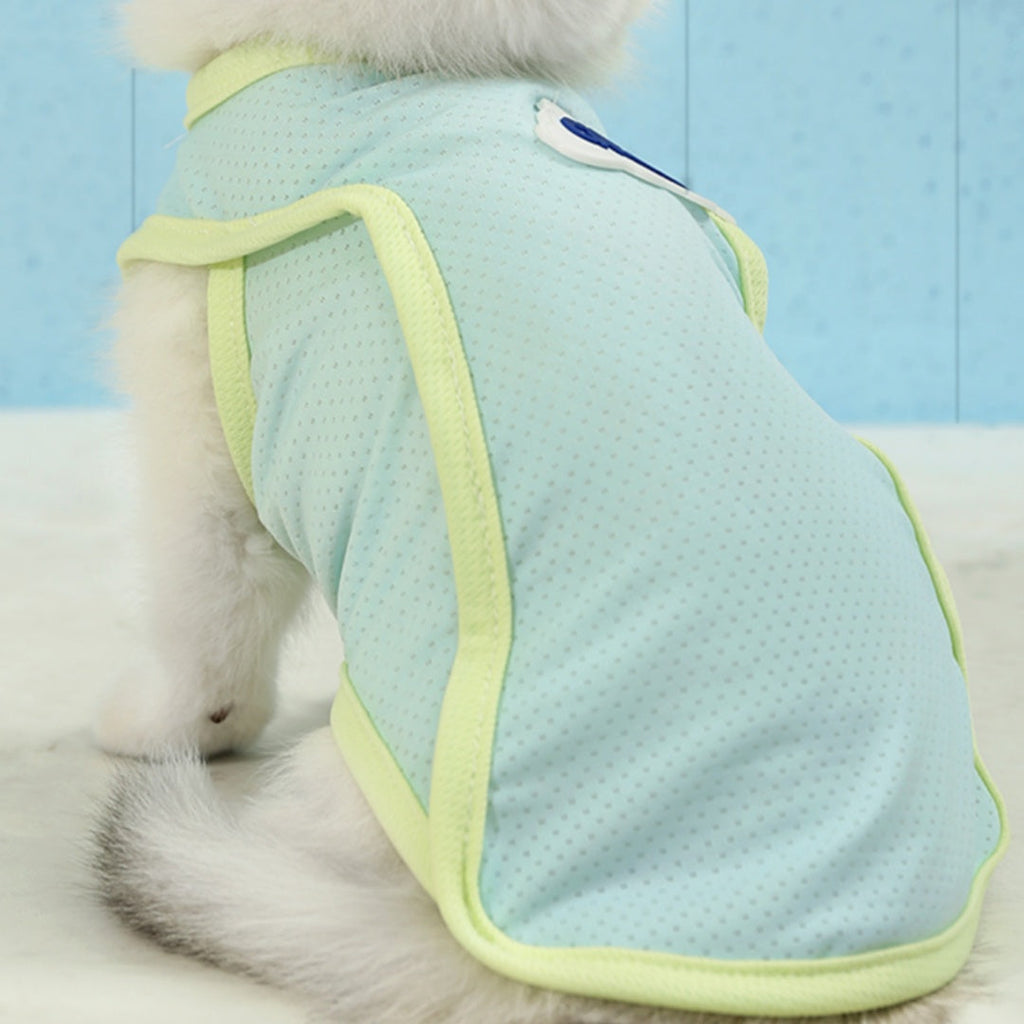 Mint cat vest with yellow edging, sleeveless dotted mesh, neck and arm openings.
