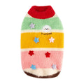 Pet sweater with cat cartoon, striped green yellow pink, red trim and star appliques