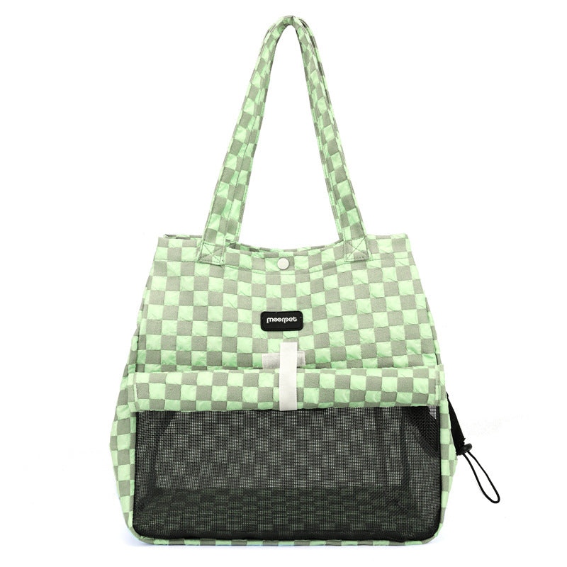 Small portable cat shoulder bag with green check pattern, side pocket, and black front panel.