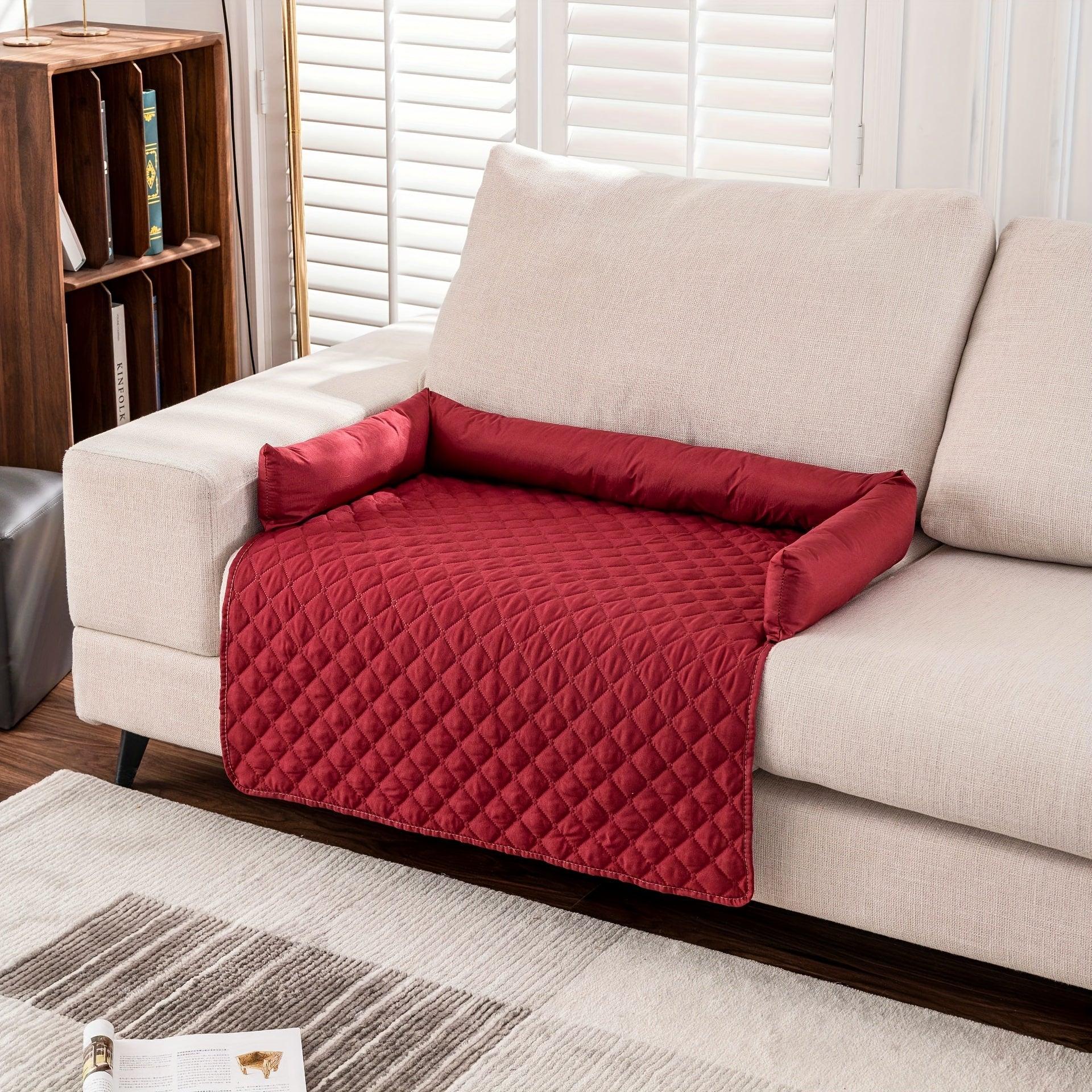 Quilted pet sofa cover mat with red bolsters, red diamond-pattern bed panel