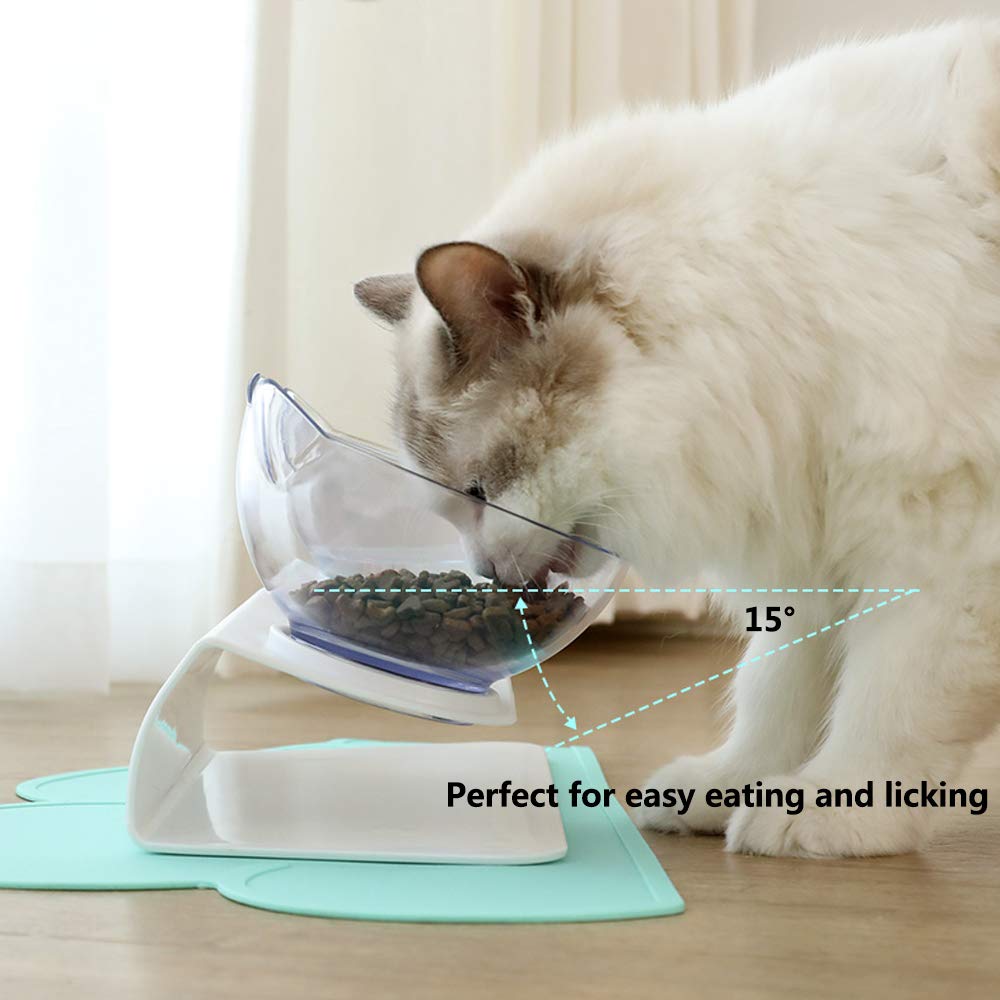 Raised double pet food bowl stand with two clear cat-shaped bowls and blue rim