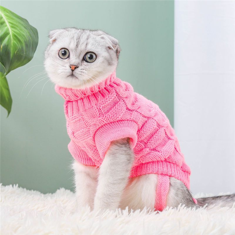 Knitted cat sweater, pink with ribbed collar and textured knit