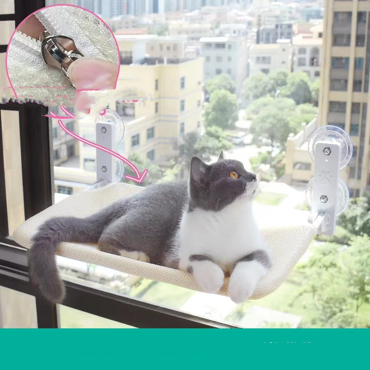 Grey-and-white cat lying on beige mesh window hammock with suction cup brackets