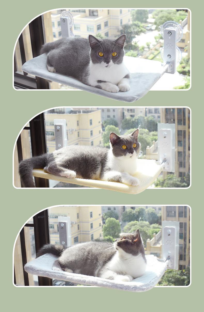 Cat window hammock set with grey-and-white cat on light mesh platform and suction cups
