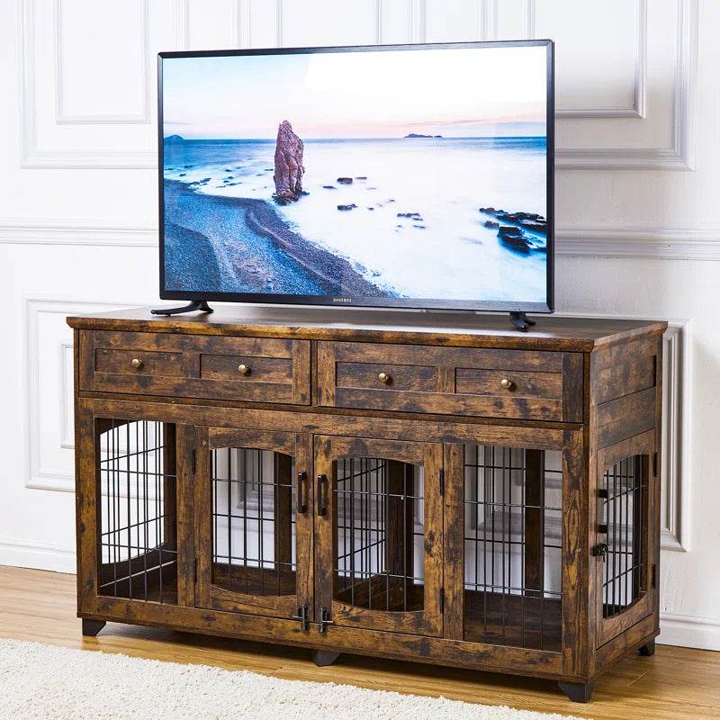 Rustic brown modern console dog crate with side and front barred door panels