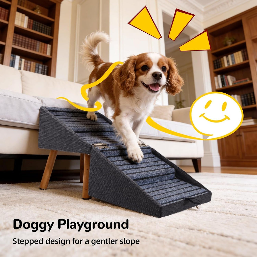 Foldable pet stairs ramp with textured anti-slip steps, dark gray fabric on wooden legs
