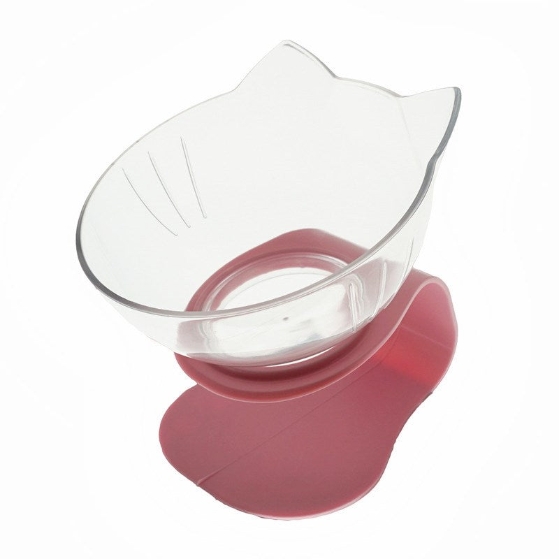 Single raised pet food bowl set with clear cat-shaped bowl and red base