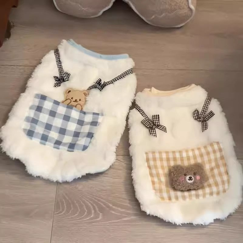 Two cat fleece sweaters in white with gingham pocket and bow accents