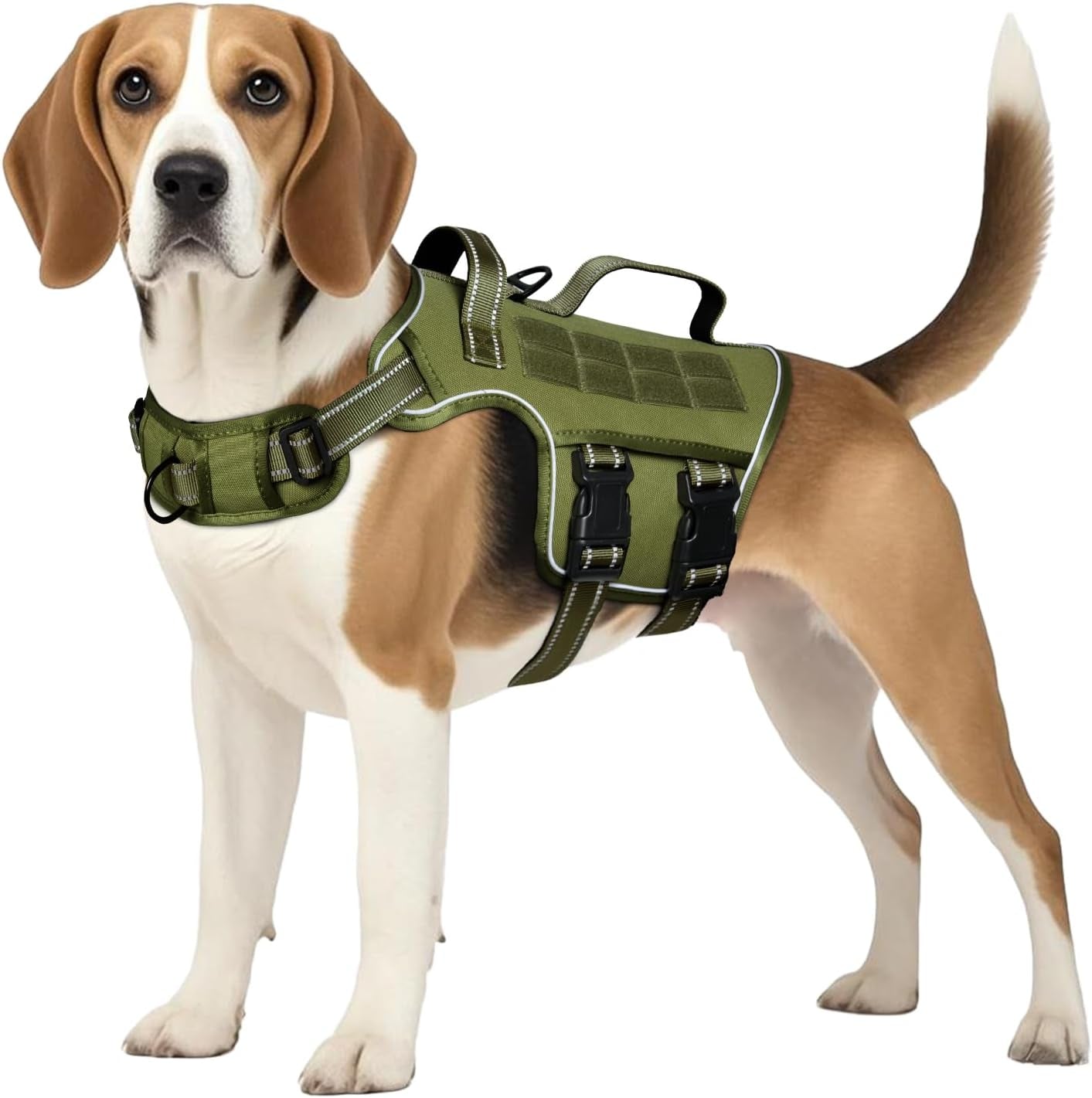 Olive green dog tactical harness vest with Molle panels and front leash clip
