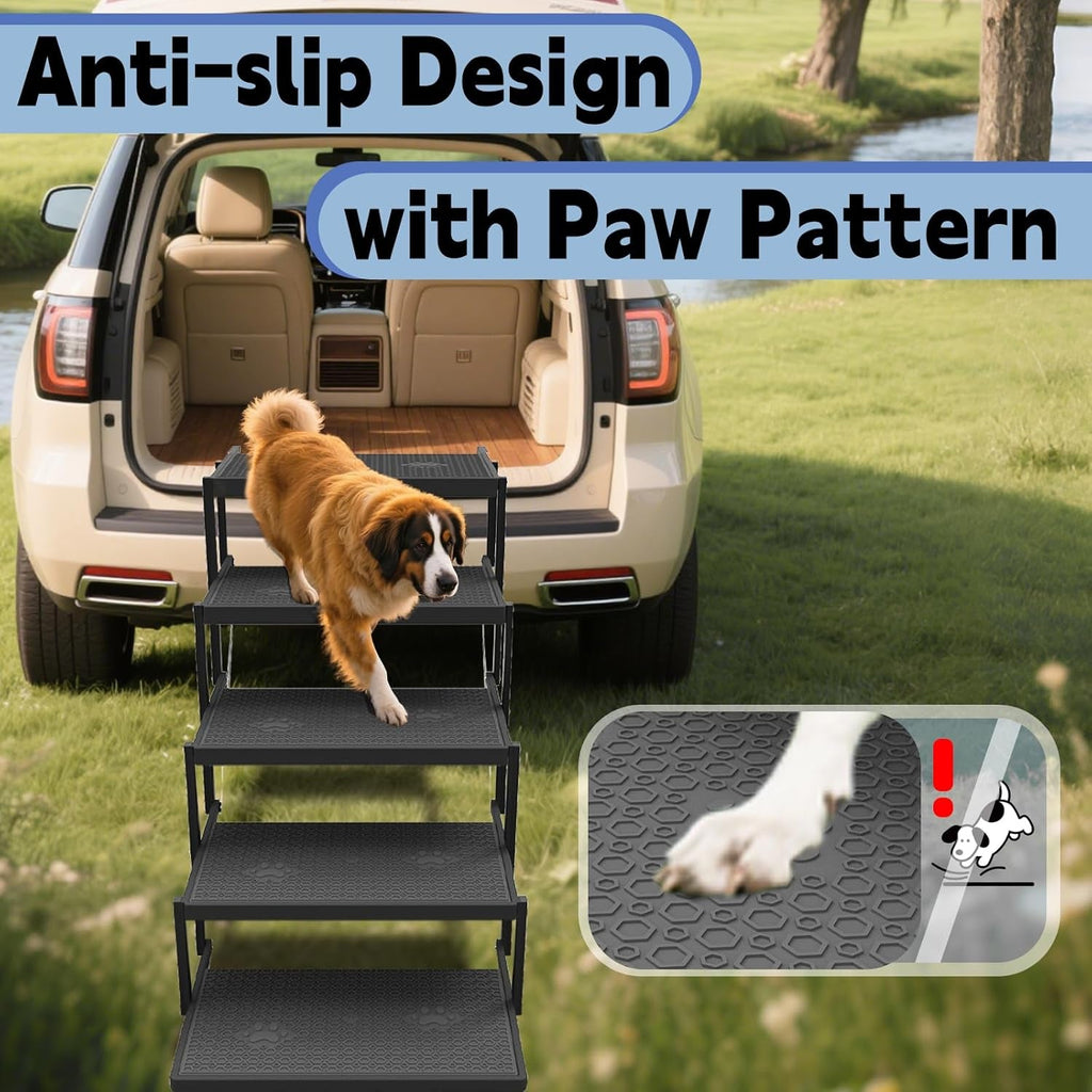 5-step dog stairs with anti-slip paw-pattern textured steps in a car trunk