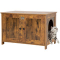 Brown wooden cat litter box enclosure cabinet with two-door front and side entry