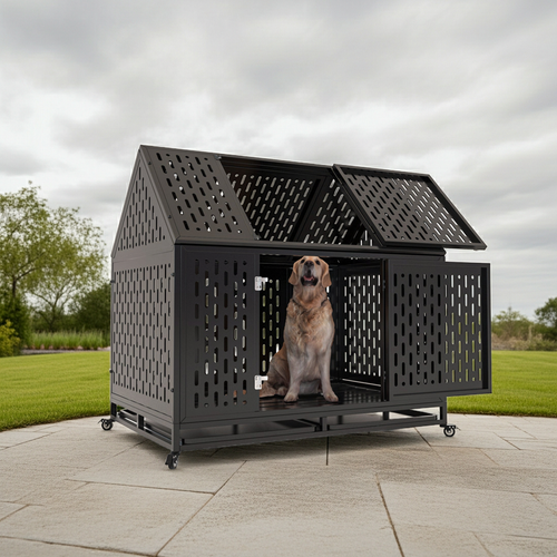 Black metal dog crate on wheels with open front and seated dog on patio