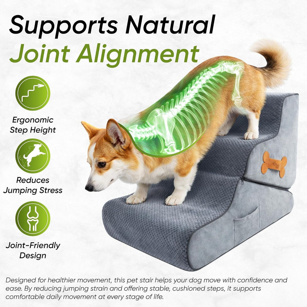 Gray dog ramp with cushioned steps and bone emblem; dog standing on top step