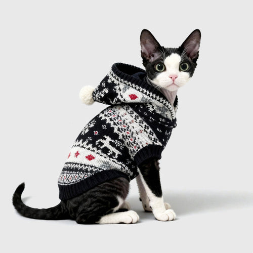 Christmas hoodie sweater for pets, black knit with white fair isle and red motifs, pom on hood