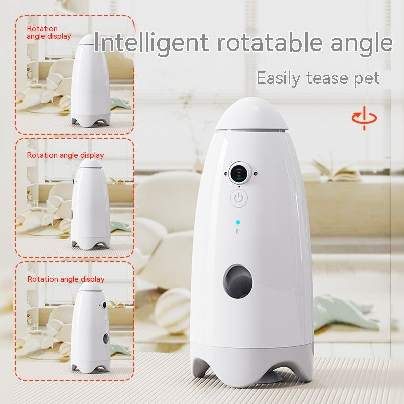 White smart pet feeder with built-in camera and side treat dispenser opening