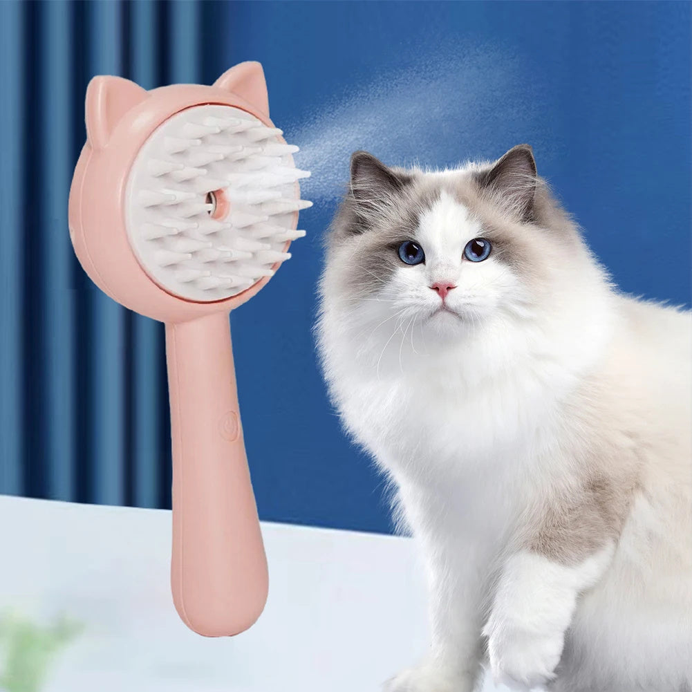 Rechargeable pet mist grooming slicker brush with white bristles, pink handle and cat-ear cover