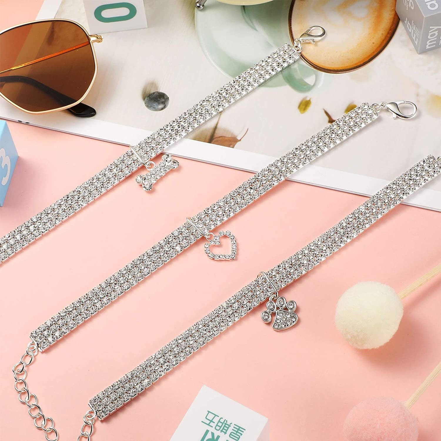 Crystal Rhinestone Pet Collar Necklace — 3-Pack, Heart, Bone & Paw Charms